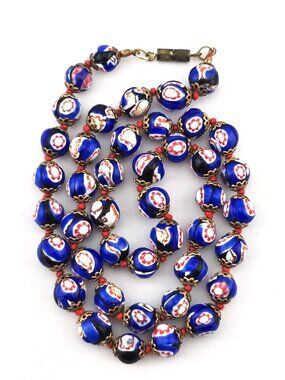 Vintage Cobalt Blue Millefiori Glass Bead Necklace 22" Hand Knotted Floral